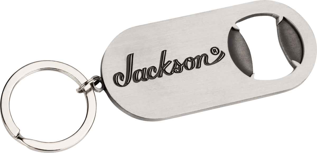 The image shows a metal keychain bottle opener branded with the Jackson logo, a well-known electric guitar manufacturer popular in rock and metal music. This promotional merchandise item highlights Jackson’s identity within the guitar industry, where they produce accessories alongside their high-performance guitars like the Soloist, Dinky, and Rhoads models.