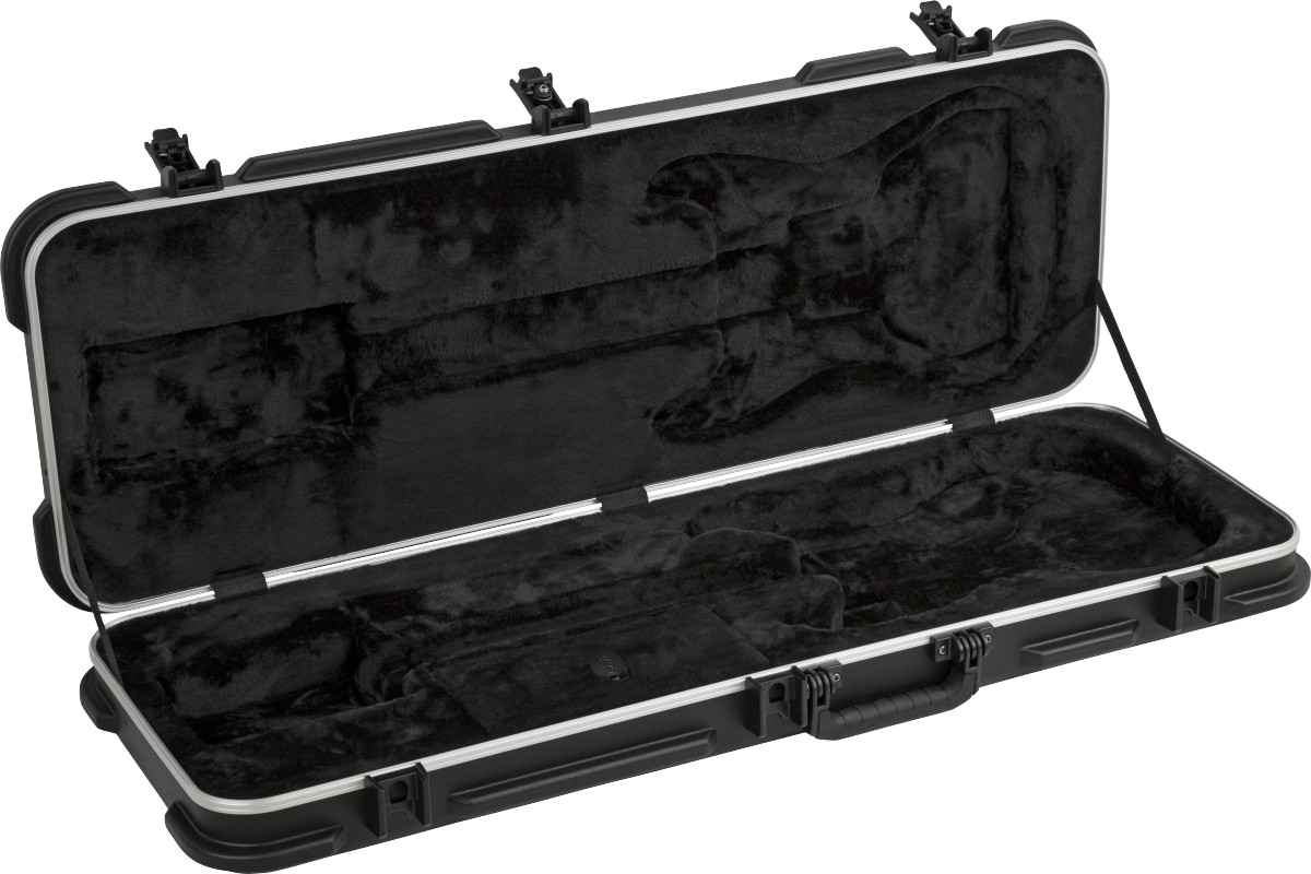 The image shows an open hard shell electric guitar case with a black exterior and white trim. It features multiple heavy-duty metal latches, reinforced corners, and a black plush velvet interior molded to securely hold the guitar’s body, neck, and headstock. Designed for durability and protection, this professional-grade case safeguards the instrument during transport, storage, and touring.