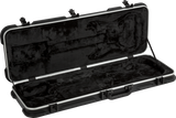 The image shows an open hard shell electric guitar case with a black exterior and white trim. It features multiple heavy-duty metal latches, reinforced corners, and a black plush velvet interior molded to securely hold the guitar’s body, neck, and headstock. Designed for durability and protection, this professional-grade case safeguards the instrument during transport, storage, and touring.