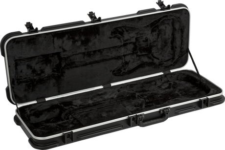 The image shows an open hard shell electric guitar case with a black exterior and white trim. It features multiple heavy-duty metal latches, reinforced corners, and a black plush velvet interior molded to securely hold the guitar’s body, neck, and headstock. Designed for durability and protection, this professional-grade case safeguards the instrument during transport, storage, and touring.