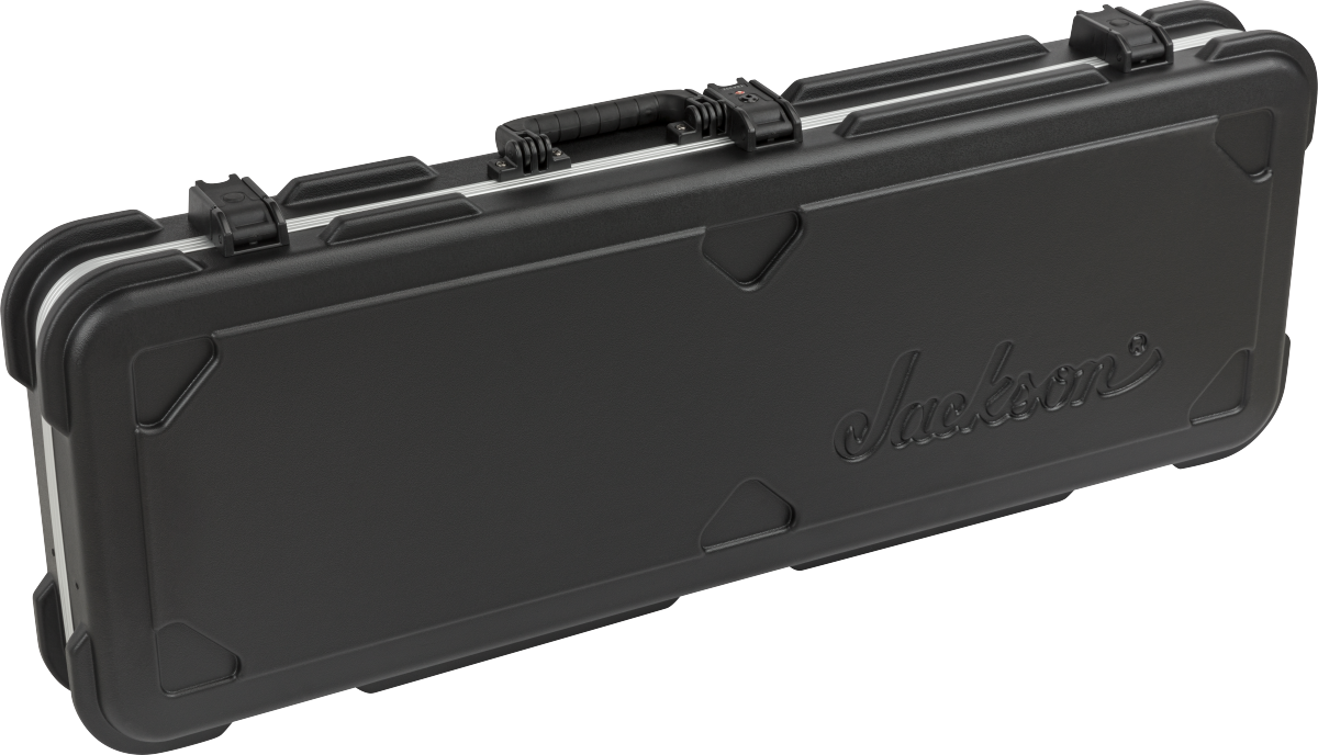 The image shows a black Jackson hard-shell guitar case made of durable molded plastic or ABS. It features the embossed Jackson logo, 4-5 secure latches, a central handle, reinforced corners, and a sleek black finish. Designed for maximum protection, this case is ideal for transporting electric guitars, especially Jackson models favored by metal and rock musicians.