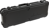 The image shows a black Jackson hard-shell guitar case made of durable molded plastic or ABS. It features the embossed Jackson logo, 4-5 secure latches, a central handle, reinforced corners, and a sleek black finish. Designed for maximum protection, this case is ideal for transporting electric guitars, especially Jackson models favored by metal and rock musicians.
