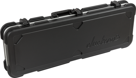 The image shows a black Jackson hard-shell guitar case made of durable molded plastic or ABS. It features the embossed Jackson logo, 4-5 secure latches, a central handle, reinforced corners, and a sleek black finish. Designed for maximum protection, this case is ideal for transporting electric guitars, especially Jackson models favored by metal and rock musicians.