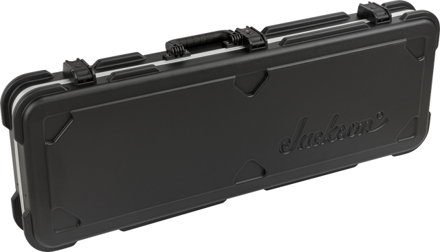 The image shows a black Jackson hard-shell guitar case made of durable molded plastic or ABS. It features the embossed Jackson logo, 4-5 secure latches, a central handle, reinforced corners, and a sleek black finish. Designed for maximum protection, this case is ideal for transporting electric guitars, especially Jackson models favored by metal and rock musicians.