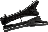The image shows a black hard shell guitar case with white binding, designed for an angular electric guitar like a Flying V or Explorer. It features a custom-molded black plush interior shaped to fit the guitar, multiple heavy-duty latches for secure closure, and is open to reveal fitted compartments. This professional-grade case offers maximum protection, ideal for safely transporting uniquely shaped electric guitars.