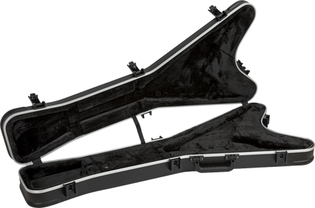 The image shows a black hard shell guitar case with white binding, designed for an angular electric guitar like a Flying V or Explorer. It features a custom-molded black plush interior shaped to fit the guitar, multiple heavy-duty latches for secure closure, and is open to reveal fitted compartments. This professional-grade case offers maximum protection, ideal for safely transporting uniquely shaped electric guitars.