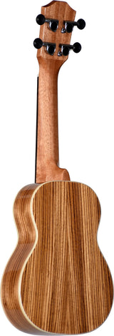 The image shows the back and headstock of a well-crafted ukulele, likely a concert or tenor size. It features distinctive wood grain, possibly koa or mahogany, with light-colored binding around the body edges. The headstock has six black tuning pegs arranged 3 on each side, suggesting geared tuners for precise tuning of four strings, typically tuned G-C-E-A. The overall design indicates a mid to high-end instrument.