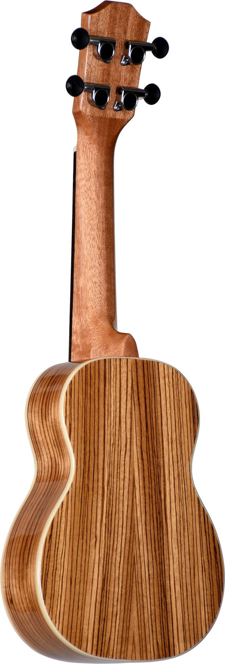 The image shows the back and headstock of a well-crafted ukulele, likely a concert or tenor size. It features distinctive wood grain, possibly koa or mahogany, with light-colored binding around the body edges. The headstock has six black tuning pegs arranged 3 on each side, suggesting geared tuners for precise tuning of four strings, typically tuned G-C-E-A. The overall design indicates a mid to high-end instrument.