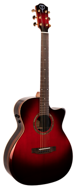 The image shows a cutaway acoustic-electric guitar with a red-to-black sunburst finish. It features gold tuning pegs, a dark headstock with a logo, a round sound hole with a decorative rosette, a dark fretboard with position markers, and control knobs on the upper bout. The dark bridge has a compensated saddle. This versatile guitar suits both acoustic and amplified playing.
