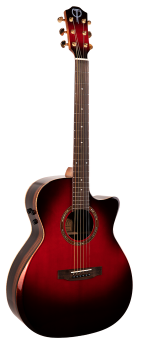 The image shows a cutaway acoustic-electric guitar with a red-to-black sunburst finish. It features gold tuning pegs, a dark headstock with a logo, a round sound hole with a decorative rosette, a dark fretboard with position markers, and control knobs on the upper bout. The dark bridge has a compensated saddle. This versatile guitar suits both acoustic and amplified playing.
