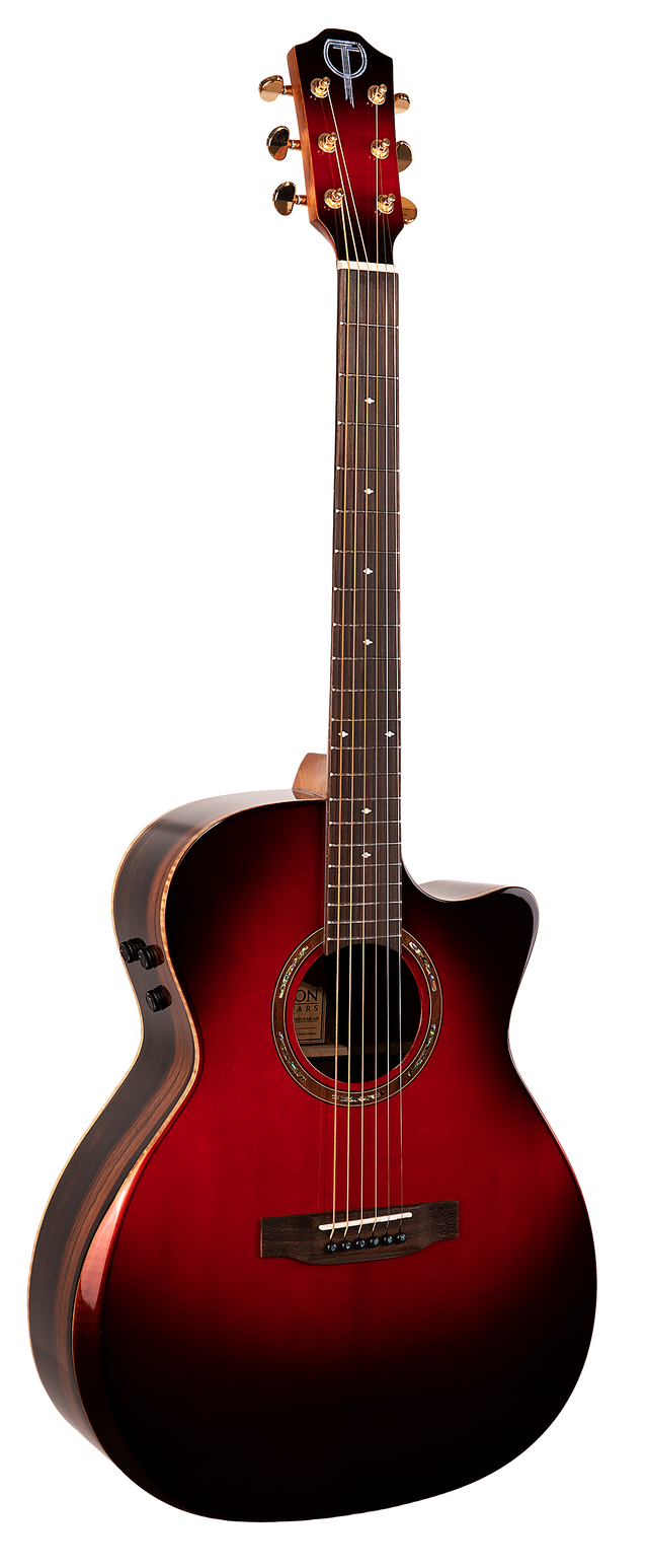 The image shows a cutaway acoustic-electric guitar with a red-to-black sunburst finish. It features gold tuning pegs, a dark headstock with a logo, a round sound hole with a decorative rosette, a dark fretboard with position markers, and control knobs on the upper bout. The dark bridge has a compensated saddle. This versatile guitar suits both acoustic and amplified playing.