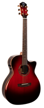 The image shows a cutaway acoustic-electric guitar with a red-to-black sunburst finish. It features gold tuning pegs, a dark headstock with a logo, a round sound hole with a decorative rosette, a dark fretboard with position markers, and control knobs on the upper bout. The dark bridge has a compensated saddle. This versatile guitar suits both acoustic and amplified playing.