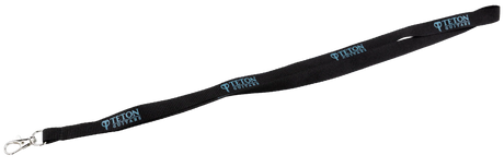 The image shows a black lanyard with "TETON GUITARS" repeated in blue text along its length. It features a metal clip at one end and serves as a promotional item from Teton Guitars, a guitar manufacturer. Commonly used to hold keys or ID badges, this lanyard helps promote the brand among musicians and guitar enthusiasts.
