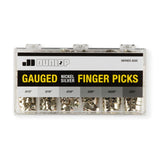 A clear plastic box containing an assortment of metal Dunlop fingerpicks
