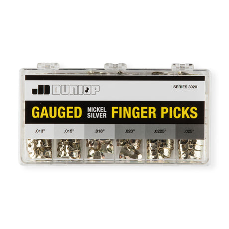 A clear plastic box containing an assortment of metal Dunlop fingerpicks