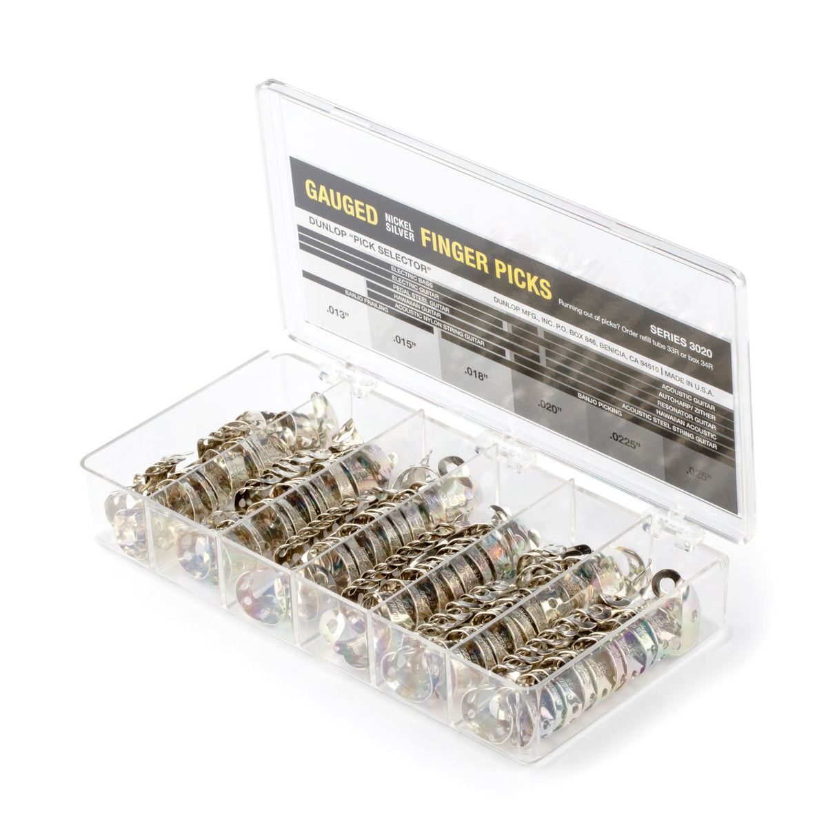 An open clear plastic box containing an assortment of metal Dunlop fingerpicks