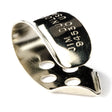 A close shot of a metal fingerpick on a white background