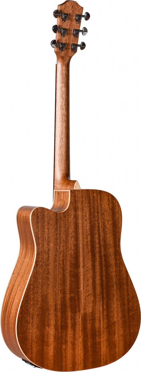 The image shows the back and side of a cutaway acoustic guitar with a rich brown wood finish highlighting natural grain patterns. It features a traditional dreadnought-style body, six tuning pegs, and quality hardwood construction. The smooth, polished surface suggests a mid to high-end instrument designed for versatile playability, with the cutaway allowing easier access to higher frets.