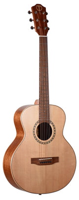 The image shows a high-quality acoustic guitar with a natural light wood top and darker wood back and sides, likely mahogany. It features a traditional dreadnought or grand auditorium body, an intricate rosette around the sound hole, six chrome or nickel tuning pegs on a matching dark wood headstock with a logo, and a rosewood or ebony fretboard. The guitar exhibits excellent craftsmanship and classic design elements.