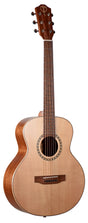 The image shows a high-quality acoustic guitar with a natural light wood top and darker wood back and sides, likely mahogany. It features a traditional dreadnought or grand auditorium body, an intricate rosette around the sound hole, six chrome or nickel tuning pegs on a matching dark wood headstock with a logo, and a rosewood or ebony fretboard. The guitar exhibits excellent craftsmanship and classic design elements.
