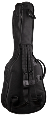 The image shows a black guitar gig bag designed for acoustic or electric guitars, featuring padded, quilted nylon fabric. It has backpack straps, side handles, multiple zippered compartments for accessories, reinforced areas, and D-rings for durability. This lightweight, protective soft case offers a professional look, ideal for musicians transporting their instruments to gigs, lessons, or recordings.