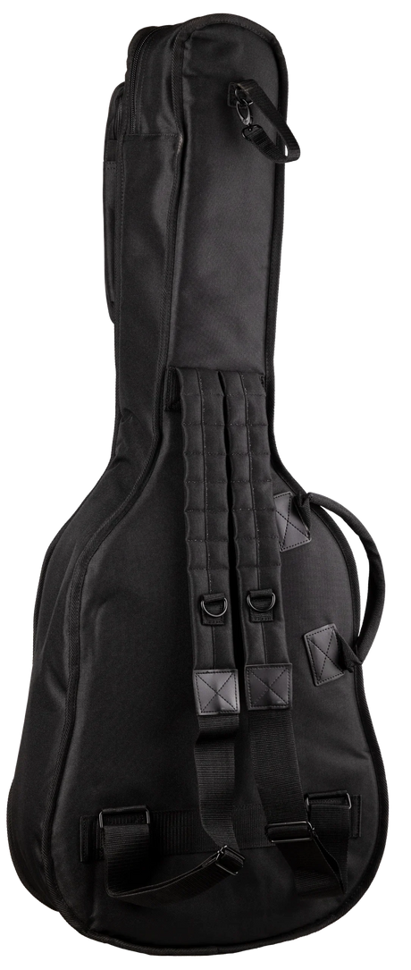 The image shows a black guitar gig bag designed for acoustic or electric guitars, featuring padded, quilted nylon fabric. It has backpack straps, side handles, multiple zippered compartments for accessories, reinforced areas, and D-rings for durability. This lightweight, protective soft case offers a professional look, ideal for musicians transporting their instruments to gigs, lessons, or recordings.