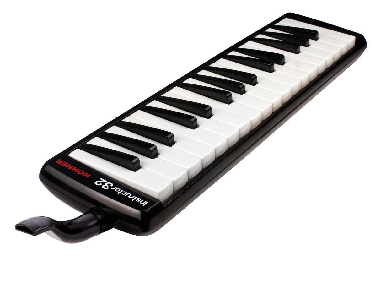 The image shows a Hohner Instructor 32 melodica, a wind instrument with a 32-key piano-style keyboard. It has a black plastic body, a mouthpiece with tube for blowing air, and Hohner branding. Designed for music education, it combines harmonica and keyboard elements, producing a unique sound ideal for students learning breath control and keyboard skills.