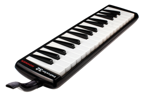 The image shows a Hohner Instructor 32 melodica, a wind instrument with a 32-key piano-style keyboard. It has a black plastic body, a mouthpiece with tube for blowing air, and Hohner branding. Designed for music education, it combines harmonica and keyboard elements, producing a unique sound ideal for students learning breath control and keyboard skills.