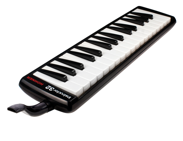 The image shows a Hohner Instructor 32 melodica, a wind instrument with a 32-key piano-style keyboard. It has a black plastic body, a mouthpiece with tube for blowing air, and Hohner branding. Designed for music education, it combines harmonica and keyboard elements, producing a unique sound ideal for students learning breath control and keyboard skills.
