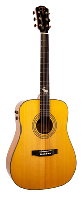 The image shows a full acoustic guitar with six strings, a natural wooden body, a dark fretboard, tuning pegs on the headstock, and an animal inlay resembling a moose or deer on the fretboard.