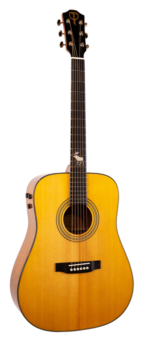 The image shows a full acoustic guitar with six strings, a natural wooden body, a dark fretboard, tuning pegs on the headstock, and an animal inlay resembling a moose or deer on the fretboard.