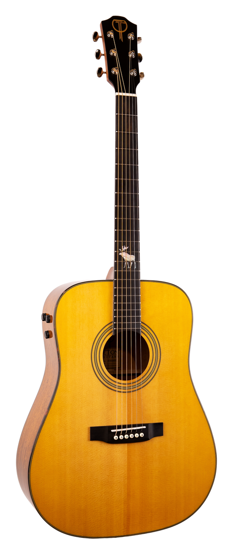 The image shows a full acoustic guitar with six strings, a natural wooden body, a dark fretboard, tuning pegs on the headstock, and an animal inlay resembling a moose or deer on the fretboard.