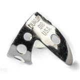 A close shot of a silver fingerpick with Dunlop branding on a white backround
