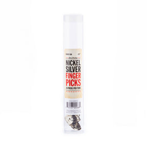 A clear plastic tube of metal fingerpicks on a white background