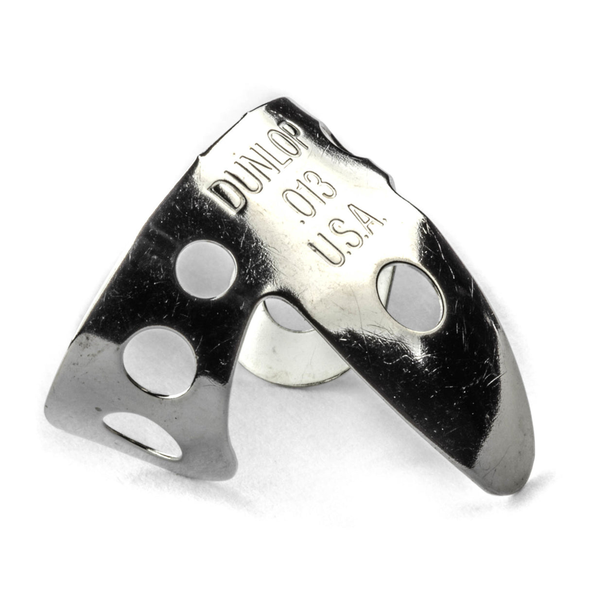 A close shot of a metal fingerpick on a white background