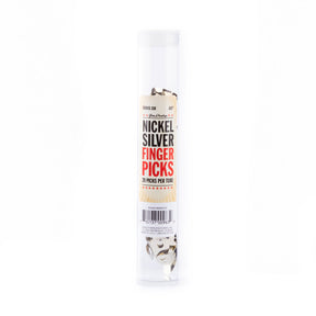 A clear plastic tube filled with metal fingerpicks on a white background