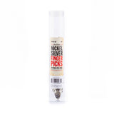 A clear plastic tube filled with metal fingerpicks on a white background