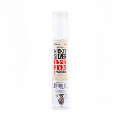 A clear plastic tube filled with metal fingerpicks on a white background