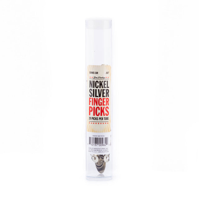 A clear plastic tube filled with metal fingerpicks on a white background