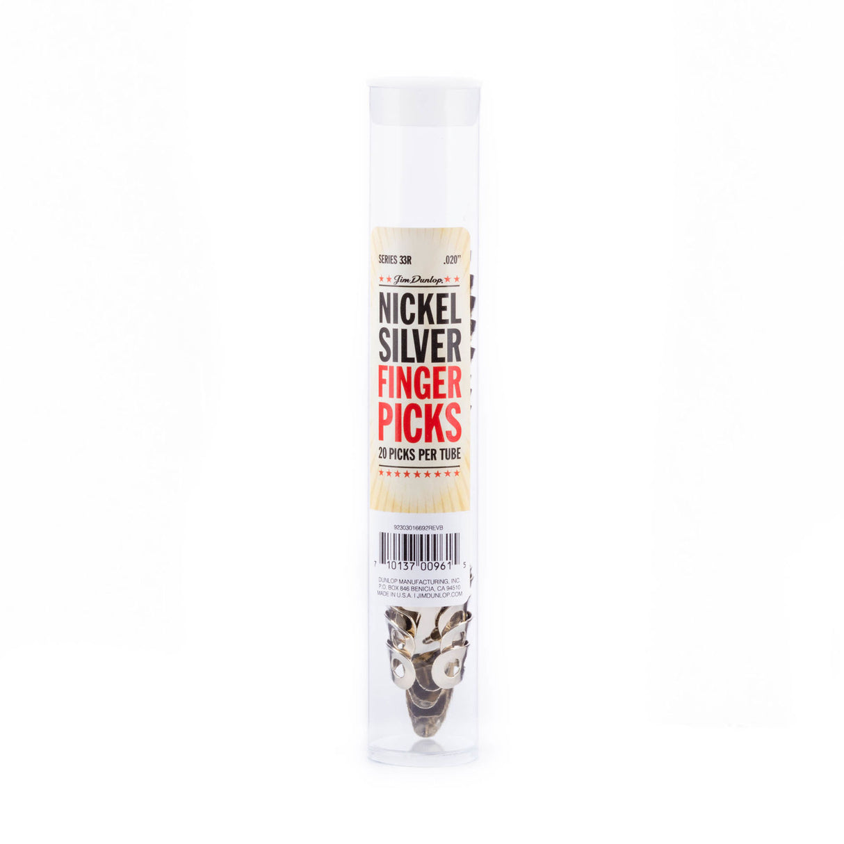 A clear tube filled with metal fingerpicks on a white background