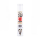 A clear tube filled with metal fingerpicks on a white background