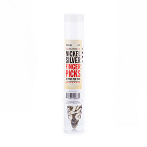 A clear tube filled with metal fingerpicks on a white background