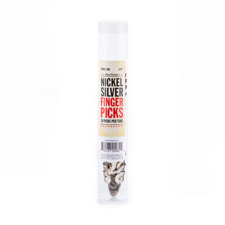 A clear tube filled with metal fingerpicks on a white background