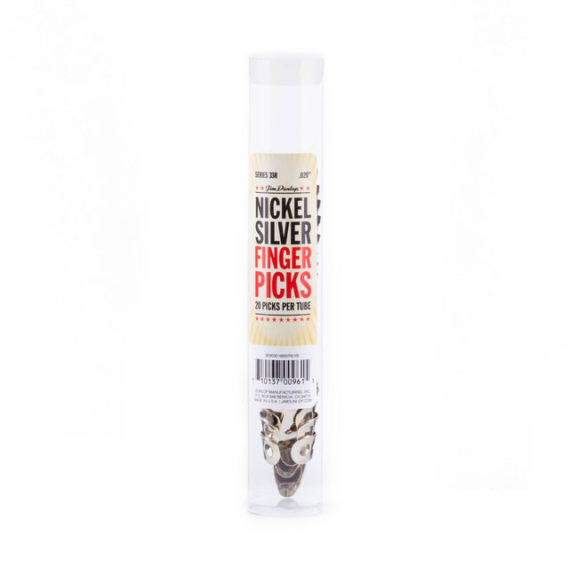 A clear tube filled with metal fingerpicks on a white background