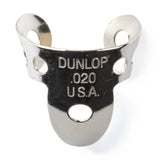 A metal fingerpick with Dunlop branding on a white background