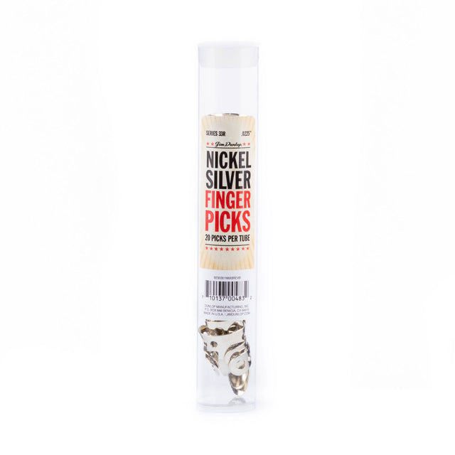 A clear plastic tube filled with metal fingerpicks on a white background