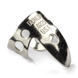 A metal fingerpick with 'Dunlop' branding on a white background
