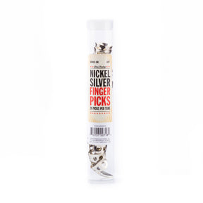 A clear plastic tube filled with metal fingerpicks on a white background