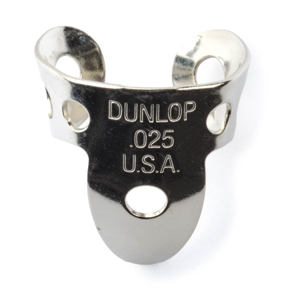 A metal fingerpick with 'Dunlop' branding on a white background
