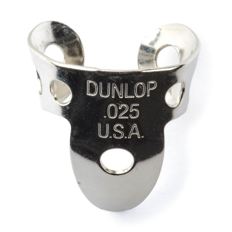 A metal fingerpick with 'Dunlop' branding on a white background